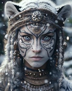 a woman with white makeup and cat ears on her head, in the middle of snow