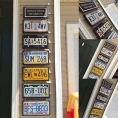 several license plates on the side of a house