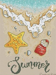 a cross stitch pattern with the words summer written on it and an image of a starfish