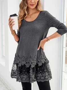 Women Casual Solid Color Lace Panel T-Shirt In Spring/Autumn Grey Casual  Long Sleeve Knitted Fabric Colorblock,Plain  Medium Stretch  Women Clothing, size features are:Bust: ,Length: ,Sleeve Length: