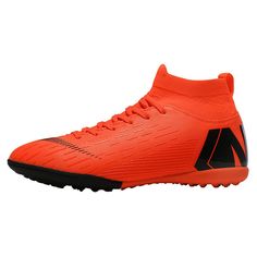 an orange soccer shoe with black accents on the upper part and bottom part, in front of a white background