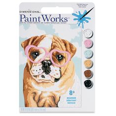 the paint works dog is wearing pink glasses