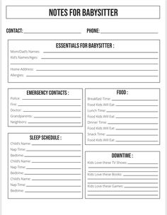 the babysitter's list is shown in this printable form, with instructions for