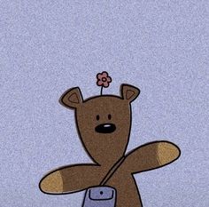 a teddy bear holding a cell phone with a flower on it's head in the air