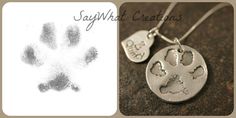 a dog paw print is shown next to a silver necklace