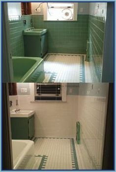 two pictures of a bathroom with green and white tiles on the floor, one has an air conditioner in it