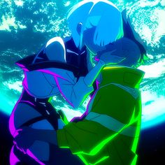 two anime characters hugging each other in front of the earth, with bright lights on them