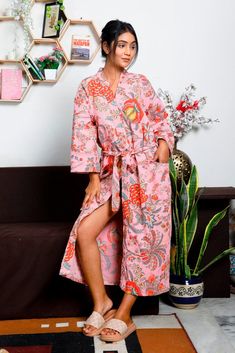 "Find The Best Christmas Gift For Your Loved Ones ! Waffle linen robe for women. Hooded bath robe made from linen-cotton blend that comes in a puffy waffle weave. This robe makes a fabulous bridesmaid gift...order one for everyone in you bridal party to wear as you are getting ready for your big day! Item details-Handmade Material- Cotton Product: 1 Pcs Floral Printed Cotton Kimono Size - One size will fit sizes S to XL Measurements Approx : *Length: 50\" Inches *Bust Around Size: 48\" Inches *S Pink Cotton Sleep Robe, Pink Cotton Robe For Daywear, Pink Floral Print Robe For Home, Pink Long Sleeve Robe With Floral Print, Pink Floral Print Home Robe, Pink Cotton Home Robe, Men Dressing, Robe For Women, Linen Robe