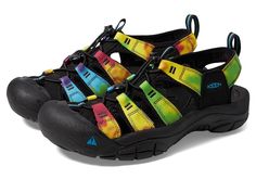 KEEN Newport Retro - Men's Shoes : Original Tie-Dye : Take on the river beds and rugged trails with the Keen Newport Retro sandal with its quick-drying performance, comfortable fit, and durable traction keeping you moving with confidence during every adventure. Washable, polyester webbing upper with PFC-free durable water-repellent treatment. Features Cleansport NXT technology for natural odor control allowing for a fresher foot environment. Secure fit lace capture system for easy adjustability. Back pull loop for easy entry. Quick-drying lining offers a fresher, more comfortable foot environment while you're on the move. Anatomical EVA footbed with anti-odor protection for excellent support and a fresher foot environment. Compression-molded EVA midsole for underfoot comfort and shock abso Casual Leather Flats, Feather Shoes, Water Sandals, Sandal Online, Designer Slippers, Flip Flop Slippers, Retro Men, Retro Women, Thick Heels