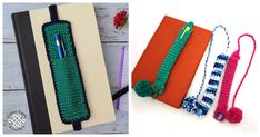 three crocheted items are shown next to an open notebook and one has a pen in it