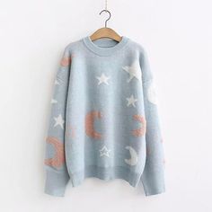 Cute round neck long sleeve sweater Fabric: blended Color: white, pink, blue Size(cm): free size length 54 bust 108 sleevel length 61 Moon Sweater, Preppy Tops, Aesthetic Stores, Star Sweater, Star Moon, Over Sized, Sweater Sale, Casual Fall, Knitted Pullover