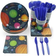 a party set with blue plastic utensils, plates and napkins in the solar system