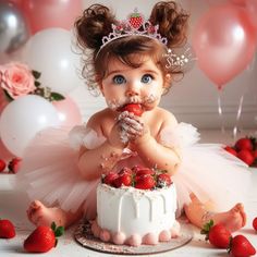 a baby girl eating cake with strawberries on the table and balloons in the background