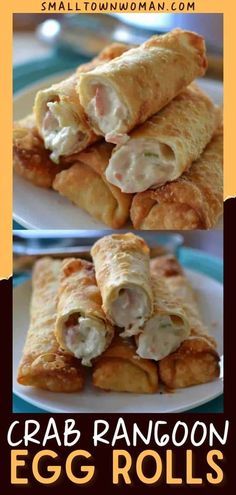 crab ranggoon egg rolls on a plate with text overlay that reads crab ranggoon egg rolls