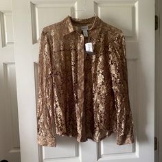 New With Tags!! Chico's Golden Lace Brewster Long Sleeve Tee - Gold Button Down Lace Blouse Size Large (Chico's Size 2) 65% Rayon, 35% Nylon H Golden Lace, Gold Blouse, Gold Buttons, Lace Blouse, Long Sleeve Tee, Button Downs, Long Sleeve Tees, Button Down Shirt, Size 2