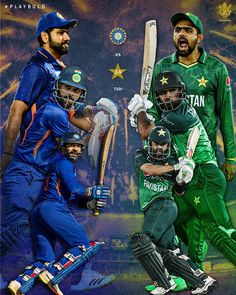 the pakistan cricket team is depicted in this collage with their bats and helmeted players