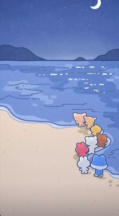 three cartoon characters are standing on the beach at night, looking out over the water