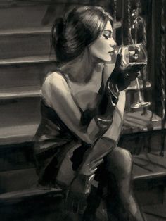 a drawing of a woman sitting on the steps drinking from a wine glass in her hand