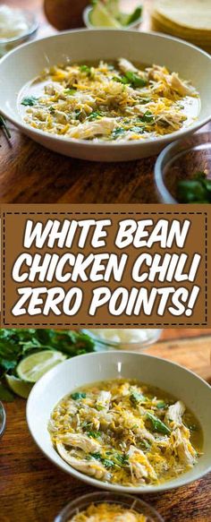 white bean chicken chili with zero points in the middle and an image of two bowls full of soup