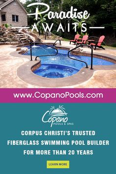 an advertisement for a swimming pool with chairs around it and the words corporate pools com