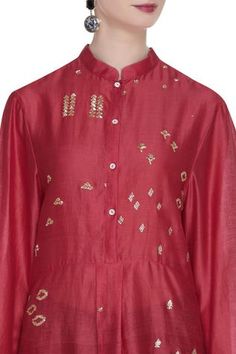 Shop for Sahil Kochhar Red Chanderi Short Tunic for Women Online at Aza Fashions Sahil Kochhar, Short Tunic, Tunics Online, Red Shorts, Womens Tunics, Mandarin Collar, Cuff Sleeves, Aza Fashion, Tunics