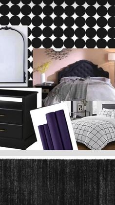 black and white bedroom with polka dot wallpaper, purple bedding, nightstands and mirror