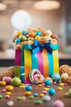 a colorful gift bag filled with lots of candy and candies on top of a table