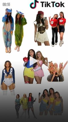 several women in costumes are posing for the camera, and one is holding a cell phone