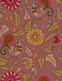 an intricately designed wallpaper with flowers and birds