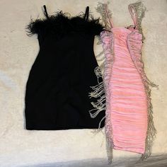 Two Size Small Party Dresses. I Paid A Little Over 100 A Piece For Each Dress But Am Listing The 2 For The Price Of 1 There Are No Stains Or Missing Feather Or Rhinestones On Either Dress .. Never Been Worn Pink Flirty Dress For Party, Pink Sleeveless Evening Mini Dress, Flirty Pink Party Dress, Pink Mini Dress For Night Out Evening, Pink Dress For Night Out Evening, Glamorous Pink Club Dress, Pink Glamorous Dress For Costume Party, Pink Party-ready Dresses, Pink Ruffled Mini Dress For Club