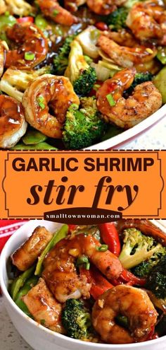 garlic shrimp stir fry with broccoli and peppers in a white bowl on a table