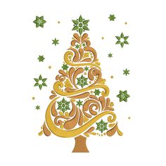 a golden christmas tree with green leaves and stars on the top is shown in gold