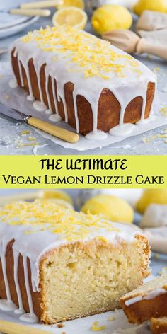 the ultimate vegan lemon drizzle cake is cut into slices and ready to be eaten