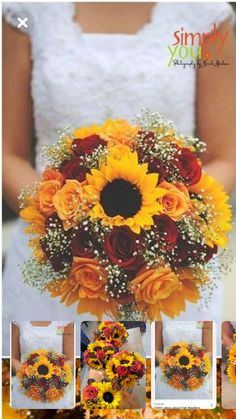 the bride's bouquet is made up of sunflowers and roses