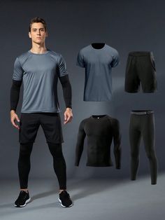 4pcs/Set Sports Outfit For Boyfriend Style Men, Including Dry-Fit Shirt, Compression Shorts, Running Shorts, Basketball Shorts Gym Clothes Boyfriend Style Men, Athletic Suit, Tracksuit Boyfriend Style Men Two Pieces Outfits Grey   Long Sleeve,Short Sleeve Knitted Fabric Letter Tights Medium Stretch  Men Activewear, size features are:Bust: ,Length: ,Sleeve Length: Gym Outfit Men Winter, Gym Mens Outfits, Work Out Clothes Men, Best Gym Outfits Men, Gym Attire For Men, Men Sport Style Outfits, Running Clothes Men, Mens Running Outfit, Sport Clothes Men