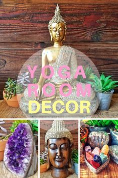 a collage of photos with the words yoga room decor above it and images of buddha statues