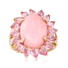 Ross-Simons - Pink Opal, 2.80ct t.w. Pink Sapphire Ring in 14kt Yellow Gold. Size 8. This rosy-hued ring is a marvelous mood booster! An 11x14mm oval cabochon of pink opal is nested in a shining halo of 2.80 ct. t.w. pear-shaped pink sapphires, creating a pretty floral look. Set in polished 14kt yellow gold. 7/8" wide. Pink sapphire and pink opal ring.  Opal birthstones are the perfect gift for October birthdays. October Birthdays, Pink Opal Ring, Opal Birthstone, Pearl Strands Necklace, Blue Topaz Bracelet, Ring Opal, Mixed Metal Jewelry, Pink Sapphire Ring, Butterfly Earrings Stud