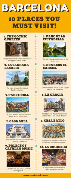 the top ten places you must visit in barcelona, spain infographical for travel