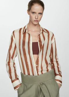 100% cotton striped shirt -  Women | Mango USA Fall Stripes, Striped Shirt Women, Ralph Lauren Jeans, Cashmere Coat, Sheer Fabrics, Jumpers And Cardigans, Light Beige, Stripe Print, Shirts & Tops