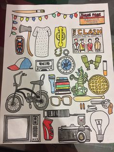 a piece of paper with various items drawn on it