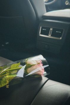 flowers wrapped in plastic sitting on the back seat of a car