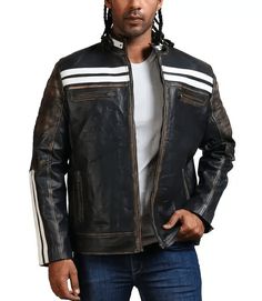 Men's Black Cafe Racer Biker Leather Jacket With White Straps Black Cafe Racer, Leather Shorts Women, Man Cafe, Cafe Racer Design, Distressed Leather Jacket, Biker Leather Jacket, Leather Jumpsuit, Distressed Jacket, Western Jacket