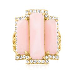 Ross-Simons - Pink Opal, .80ct t. w. White Topaz Ring in 18kt Yellow Gold Over Sterling. Size 8. An RS exclusive. Sweeten up your special occasions with a well-priced pop of pink! This feminine three-stone statement ring features 6x20mm and 5x15mm rectangular cabochons of dreamy pink opal, framed in .80 ct. t. w. white topaz rounds. Set in polished 18kt yellow gold over sterling silver. 7/8" wide. White topaz and pink opal ring. Opal birthstones are the perfect gift for October birthdays. October Birthdays, Pink Opal Ring, Opal Birthstone, Jewelry Real, Ring Opal, Family Jewels, Topaz Color, Fun Jewelry, Diamond Gift