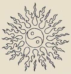 an image of a sun with flames around it and the yin symbol in the center