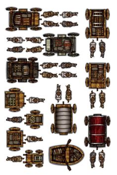 an assortment of wooden and metal items for warhammers, including barrels, barrels, tanks