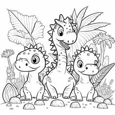 two dinosaurs in the jungle with plants and flowers coloring pages for kids, printable