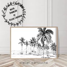 a black and white drawing of palm trees in front of a wall with a circular frame