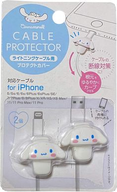 two white phone chargers in packaging with blue and pink faces on the front, one is plugged into an iphone charger