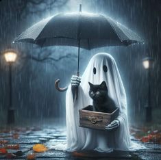 a black cat sitting in a ghost costume holding an umbrella over it's head