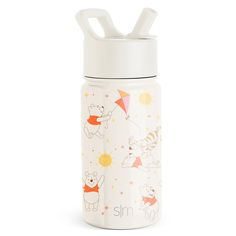 thermos bottle is decorated with cartoon animals and kites on it's side